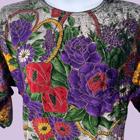 VINTAGE WESTERN CONNECTION VELOUR FLORAL GOLD GLITTER ACCENT DOLMAN SLEEVE TOP - Picture 2 of 4